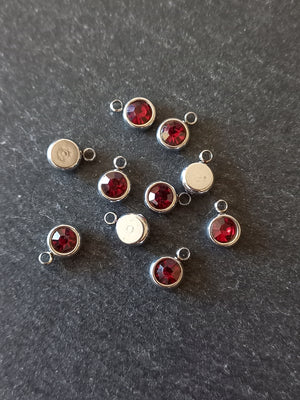8 or 40 Round Stainless Steel Charms with Ruby Red Rhinestone 8.5x6x3mm