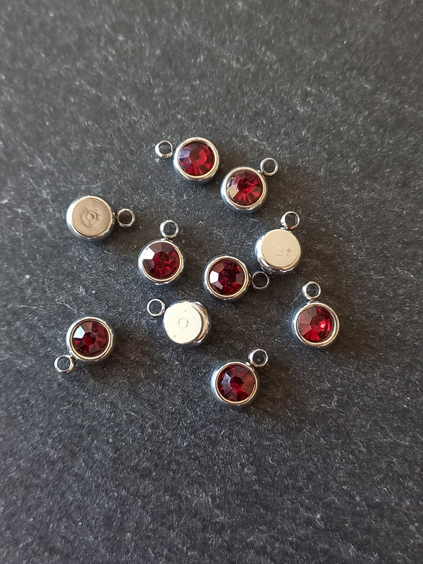 8 or 40 Round Stainless Steel Charms with Ruby Red Rhinestone 8.5x6x3mm