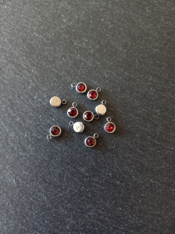 8 or 40 Round Stainless Steel Charms with Ruby Red Rhinestone 8.5x6x3mm