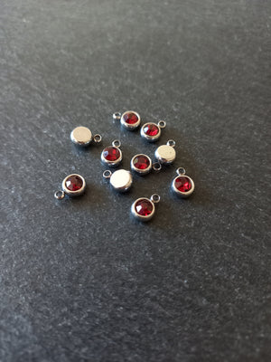 8 or 40 Round Stainless Steel Charms with Ruby Red Rhinestone 8.5x6x3mm