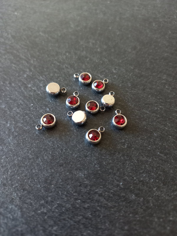 8 or 40 Round Stainless Steel Charms with Ruby Red Rhinestone 8.5x6x3mm
