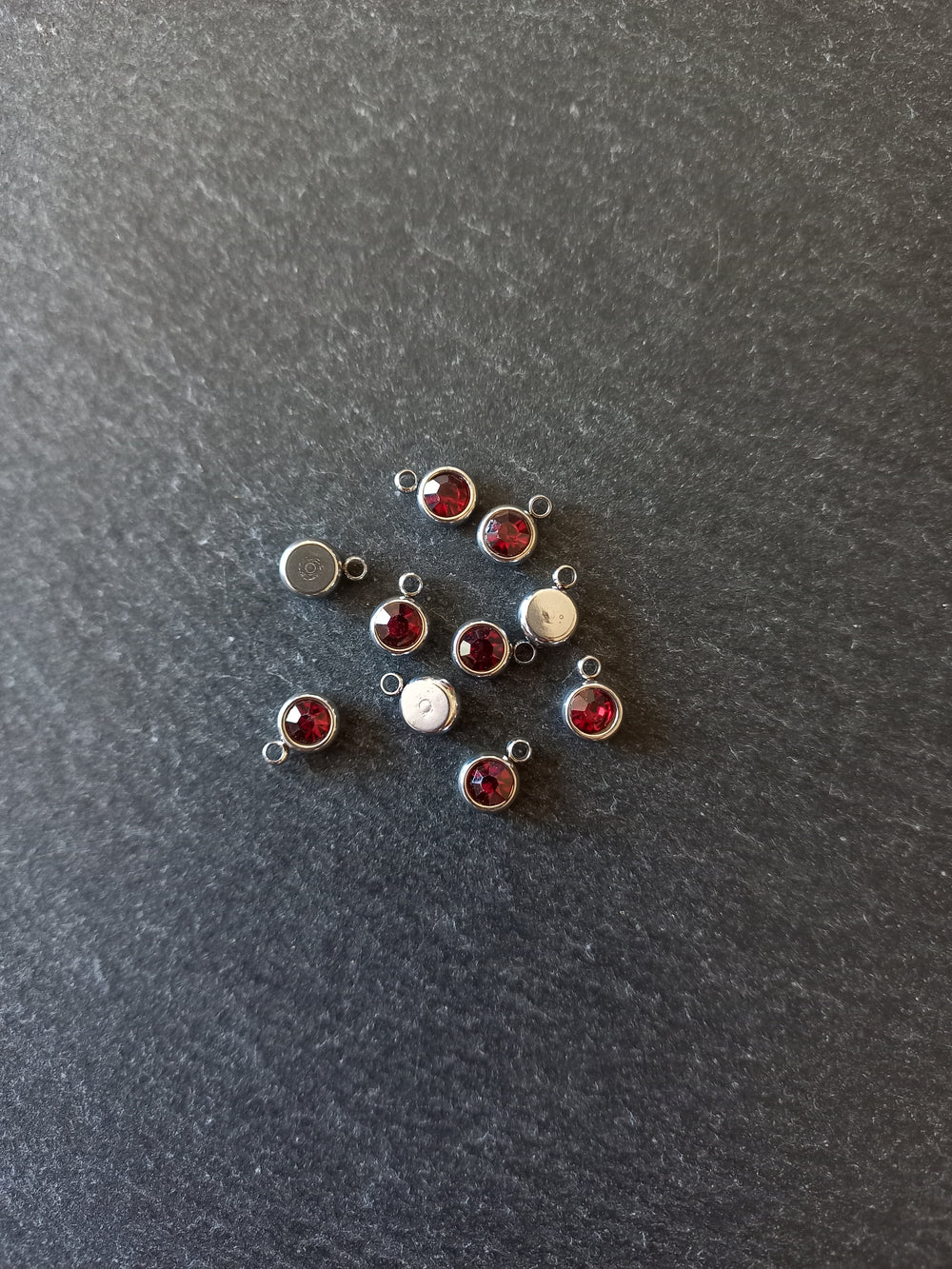 8 or 40 Round Stainless Steel Charms with Ruby Red Rhinestone 8.5x6x3mm