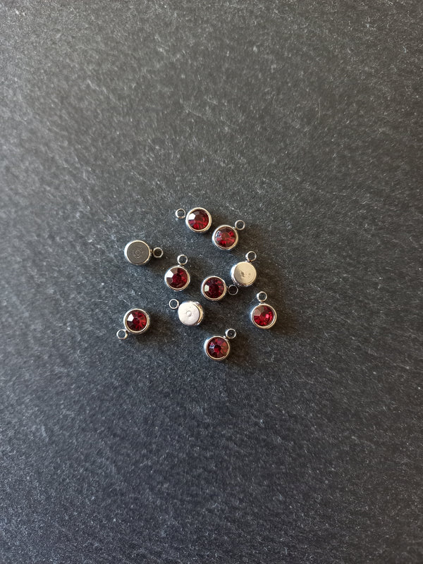 8 or 40 Round Stainless Steel Charms with Ruby Red Rhinestone 8.5x6x3mm