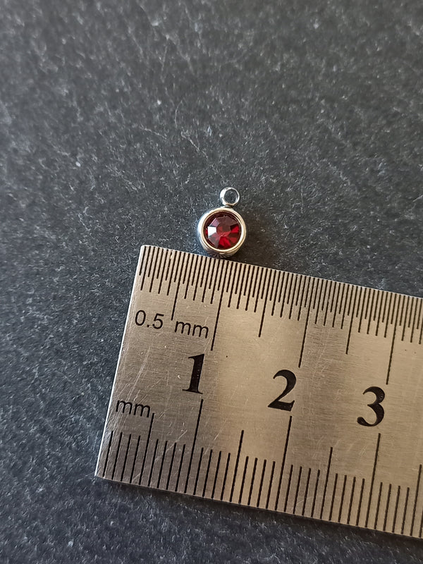 8 or 40 Round Stainless Steel Charms with Ruby Red Rhinestone 8.5x6x3mm