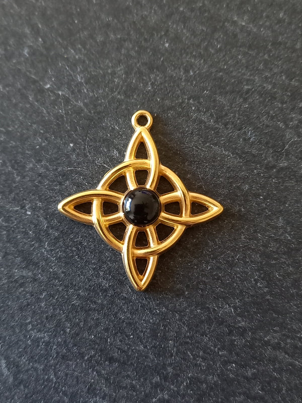 Gold Stainless Steel Witches Knot Pendant with Black Enamel 27.5x25x4.5mm
