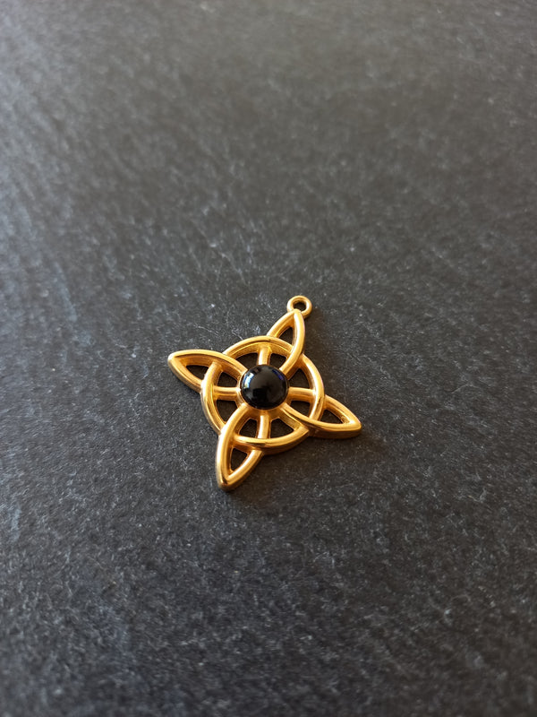 Gold Stainless Steel Witches Knot Pendant with Black Enamel 27.5x25x4.5mm