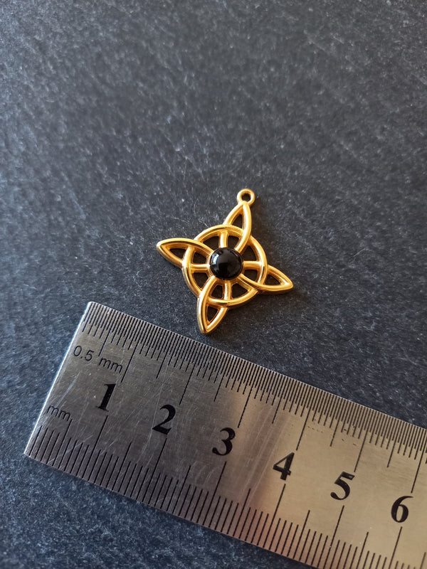 Gold Stainless Steel Witches Knot Pendant with Black Enamel 27.5x25x4.5mm