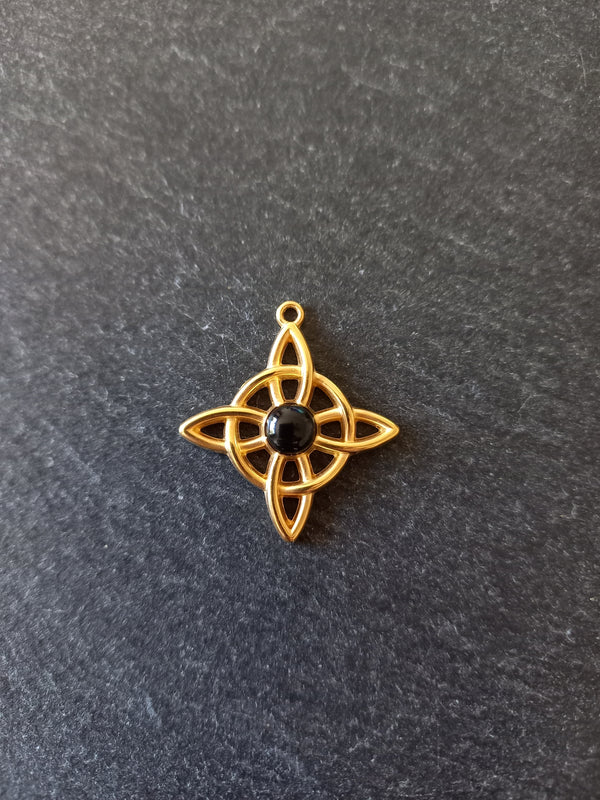 Gold Stainless Steel Witches Knot Pendant with Black Enamel 27.5x25x4.5mm