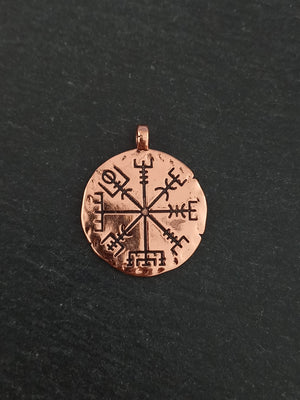 1 or 5 Icelandic Vegvísir Wayfinder Compass Pendant Bright Copper 35x29mm