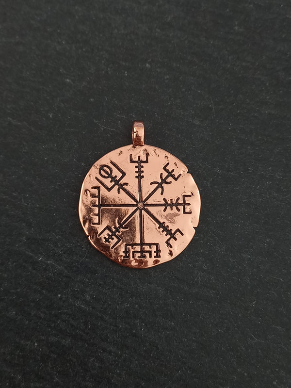 1 or 5 Icelandic Vegvísir Wayfinder Compass Pendant Bright Copper 35x29mm