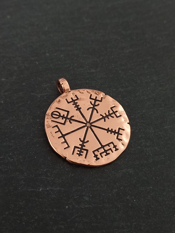 1 or 5 Icelandic Vegvísir Wayfinder Compass Pendant Bright Copper 35x29mm