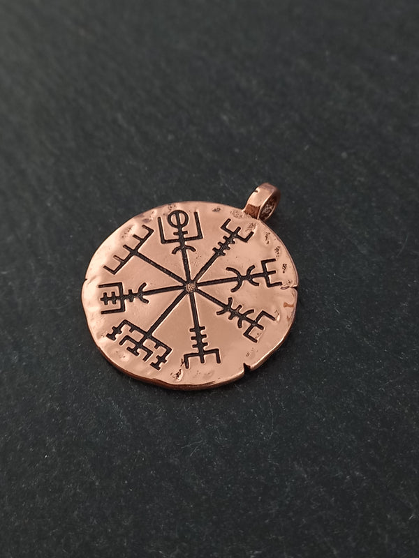 1 or 5 Icelandic Vegvísir Wayfinder Compass Pendant Bright Copper 35x29mm