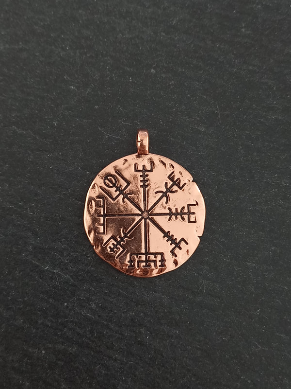 1 or 5 Icelandic Vegvísir Wayfinder Compass Pendant Bright Copper 35x29mm