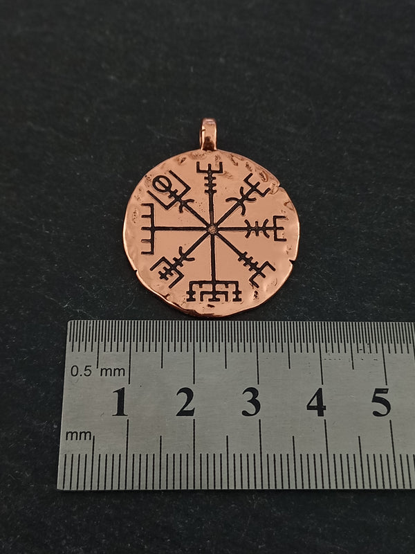 1 or 5 Icelandic Vegvísir Wayfinder Compass Pendant Bright Copper 35x29mm