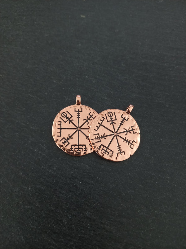 1 or 5 Icelandic Vegvísir Wayfinder Compass Pendant Bright Copper 35x29mm