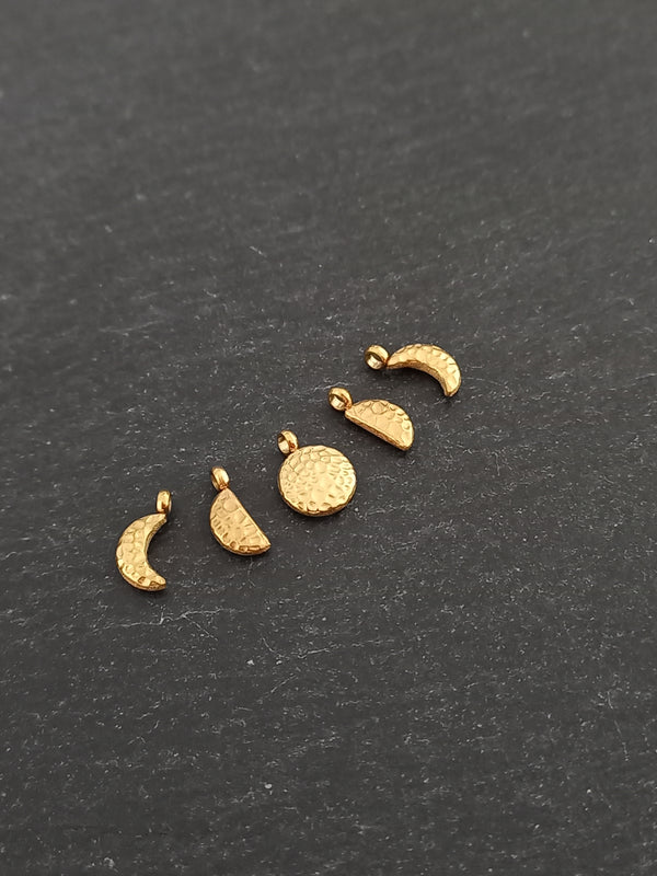 Set of 5 Hammered Gold Stainless Steel Phases of the Moon Charms