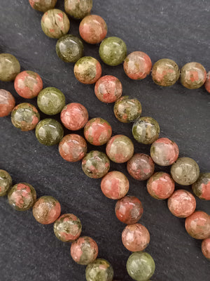 8.8mm Unakite Natural Undyed Green & Pink Round Polished Gemstone Beads Full 15 inch Strand Hole: 1mm