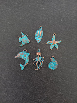 Set of 6 Sea Creature Ocean Charms Antique Copper Alloy with Blue Patina