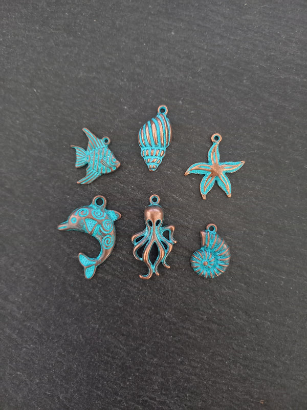 Set of 6 Sea Creature Ocean Charms Antique Copper Alloy with Blue Patina