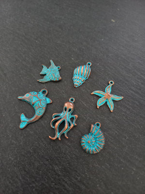 Set of 6 Sea Creature Ocean Charms Antique Copper Alloy with Blue Patina
