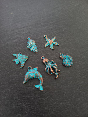 Set of 6 Sea Creature Ocean Charms Antique Copper Alloy with Blue Patina