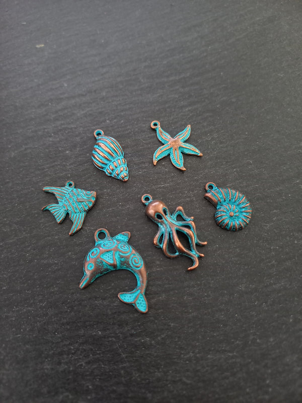 Set of 6 Sea Creature Ocean Charms Antique Copper Alloy with Blue Patina