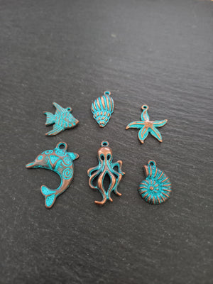 Set of 6 Sea Creature Ocean Charms Antique Copper Alloy with Blue Patina