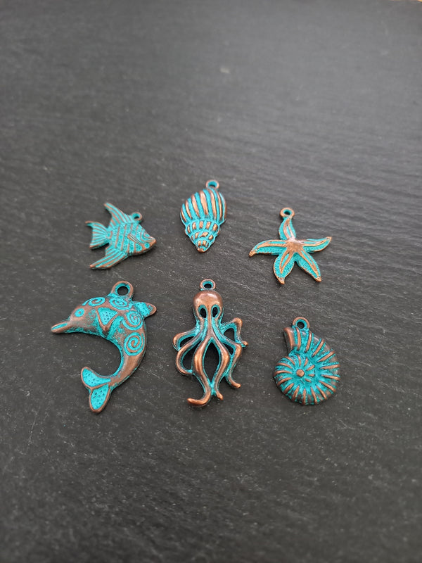 Set of 6 Sea Creature Ocean Charms Antique Copper Alloy with Blue Patina