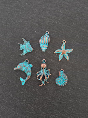 Set of 6 Sea Creature Ocean Charms Antique Copper Alloy with Blue Patina