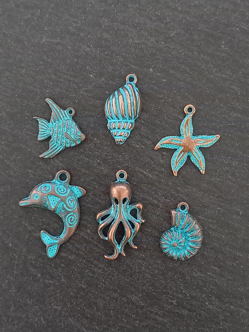 Set of 6 Sea Creature Ocean Charms Antique Copper Alloy with Blue Patina