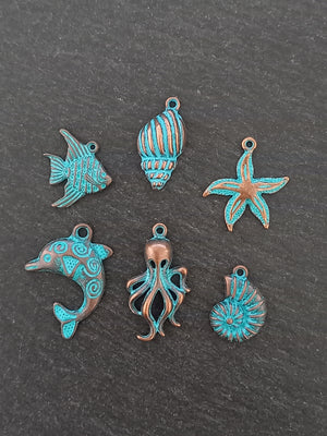 Set of 6 Sea Creature Ocean Charms Antique Copper Alloy with Blue Patina