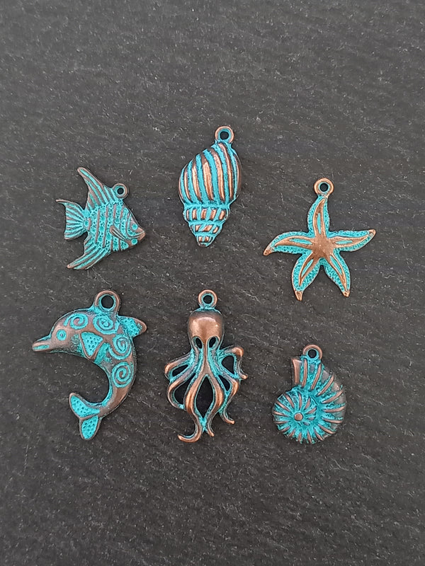 Set of 6 Sea Creature Ocean Charms Antique Copper Alloy with Blue Patina