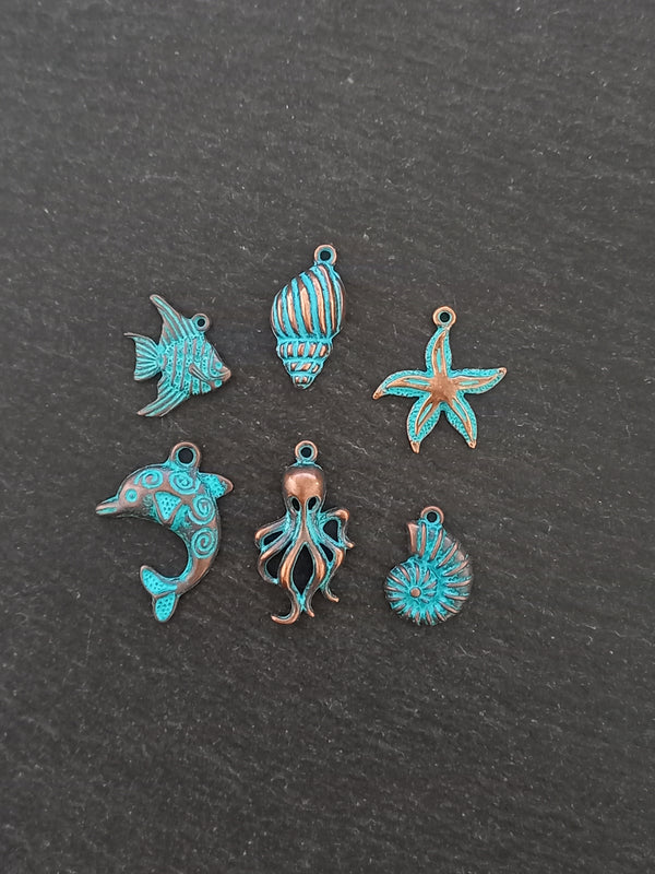 Set of 6 Sea Creature Ocean Charms Antique Copper Alloy with Blue Patina