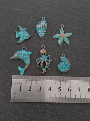 Set of 6 Sea Creature Ocean Charms Antique Copper Alloy with Blue Patina
