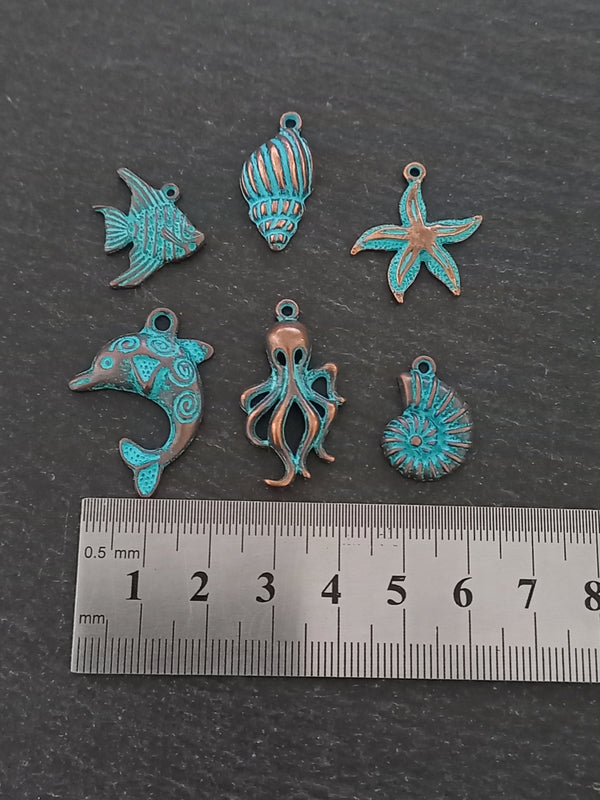 Set of 6 Sea Creature Ocean Charms Antique Copper Alloy with Blue Patina