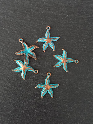 6 or 30 Antique Copper Starfish Charms with Blue Patina 25x22mm