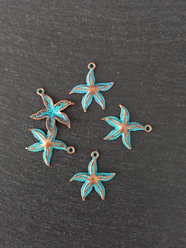 6 or 30 Antique Copper Starfish Charms with Blue Patina 25x22mm