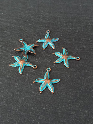 6 or 30 Antique Copper Starfish Charms with Blue Patina 25x22mm