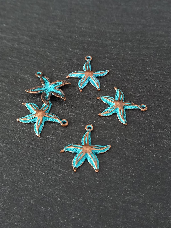6 or 30 Antique Copper Starfish Charms with Blue Patina 25x22mm