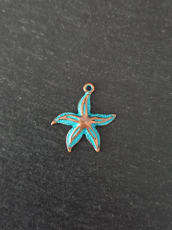 6 or 30 Antique Copper Starfish Charms with Blue Patina 25x22mm