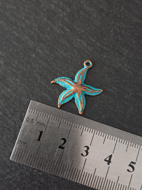 6 or 30 Antique Copper Starfish Charms with Blue Patina 25x22mm