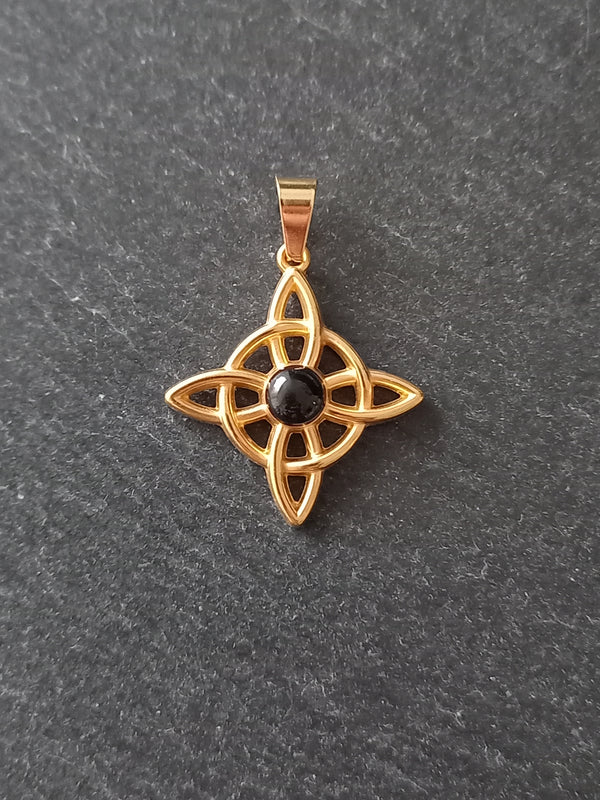 Gold Stainless Steel Witches Knot Pendant with Black Enamel 27.5x25x4.5mm