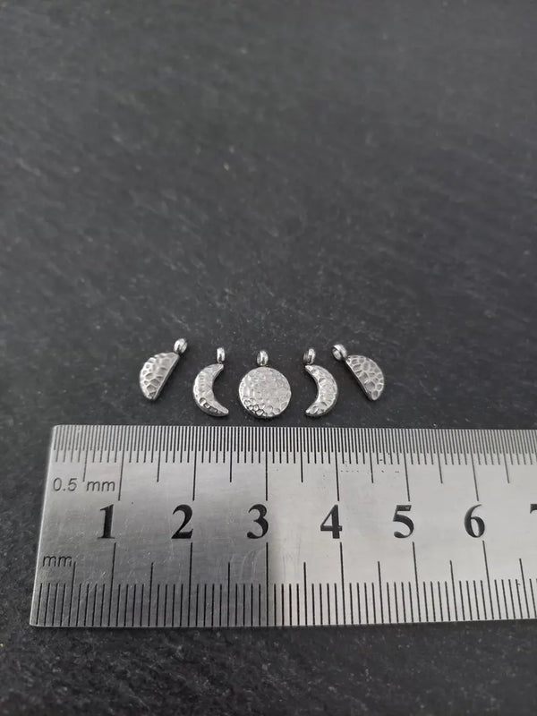 Set of 5 Little Hammered Stainless Steel Phases of the Moon Charms