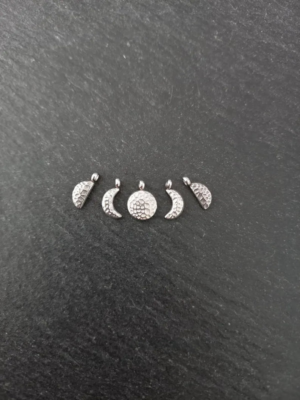 Set of 5 Little Hammered Stainless Steel Phases of the Moon Charms