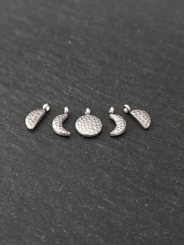 Set of 5 Little Hammered Stainless Steel Phases of the Moon Charms