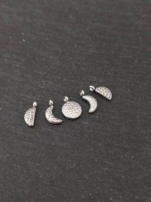Set of 5 Little Hammered Stainless Steel Phases of the Moon Charms