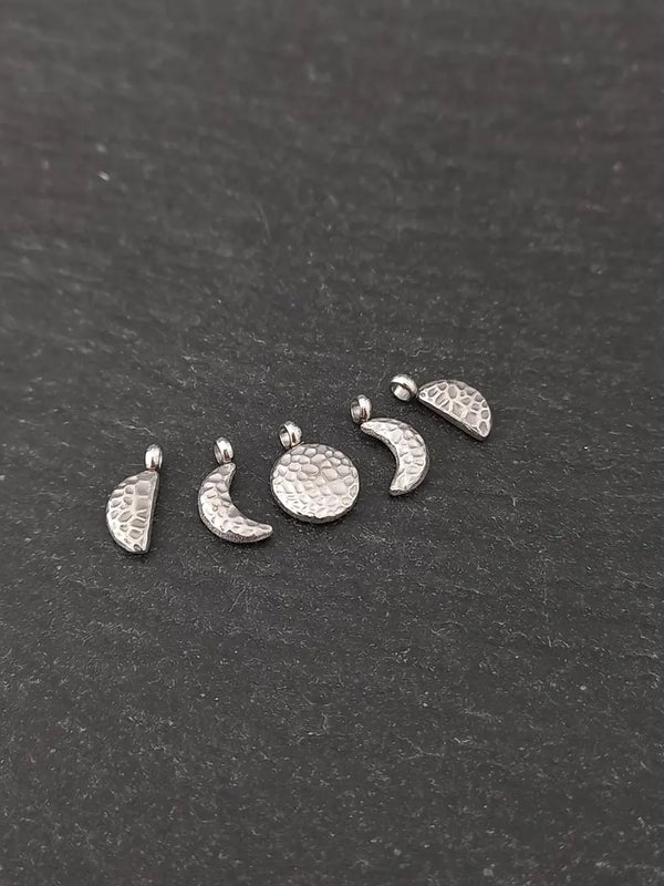 Set of 5 Little Hammered Stainless Steel Phases of the Moon Charms