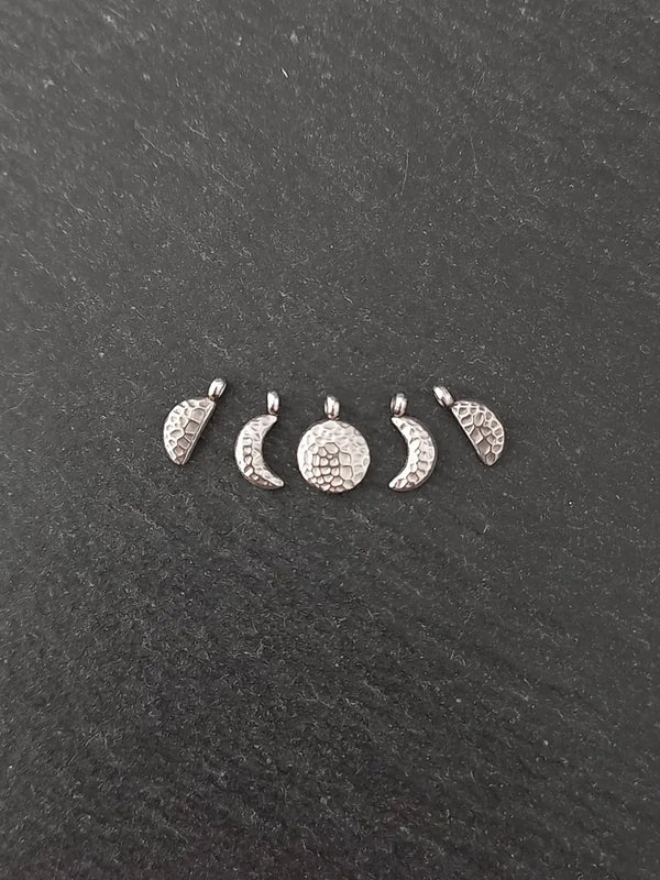 Set of 5 Little Hammered Stainless Steel Phases of the Moon Charms