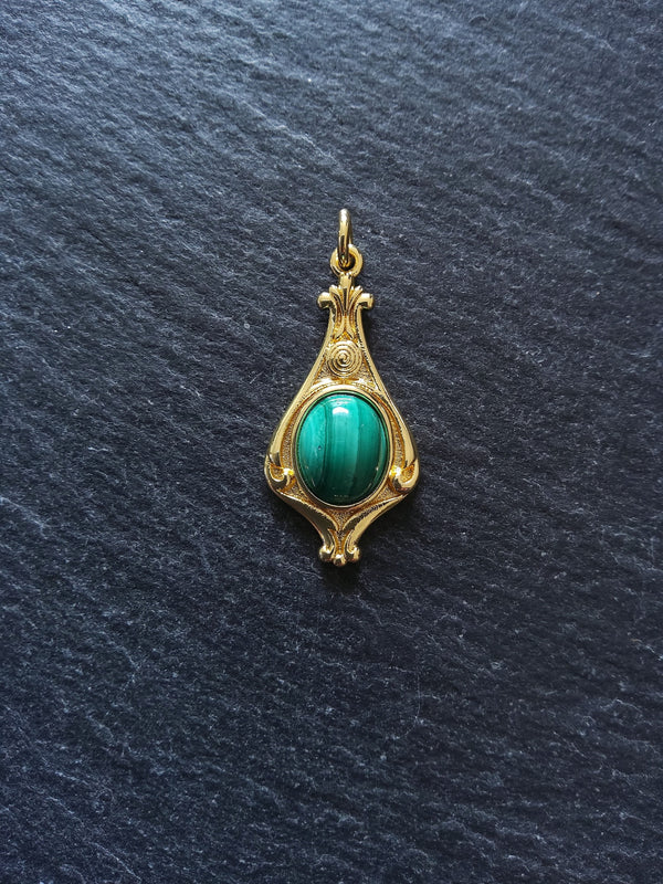Elegant Gold Plated Drop Pendant with Malachite Cabochon 30x14.5x5.7mm - ContentedCatz