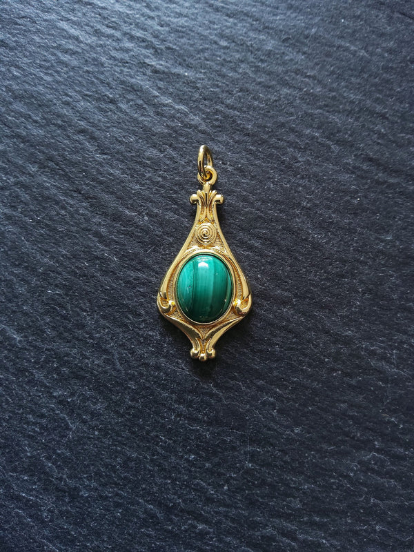 Elegant Gold Plated Drop Pendant with Malachite Cabochon 30x14.5x5.7mm - ContentedCatz